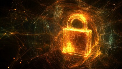 Poster - Glowing energy padlock symbolizes digital security and data protection.