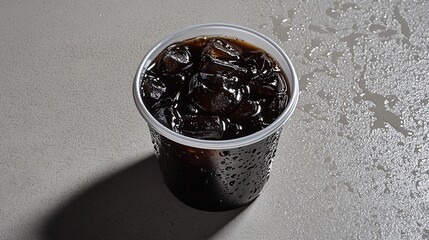 Poster - Iced coffee in a plastic cup with condensation on a gray surface.
