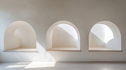 Poster - Three arched alcoves with sunlight streaming in, minimalist interior design.