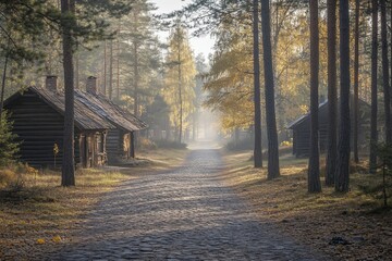 Poster - Misty autumn morning path through a forest with old wooden houses.