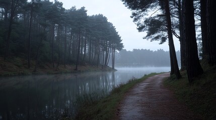Poster - Misty morning path alongside tranquil lake in pine forest.