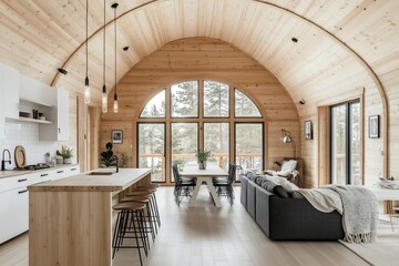 Aufkleber - Modern, open-plan cabin interior with vaulted wood ceiling, large windows, kitchen island, dining table, and comfortable seating area.