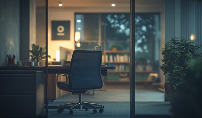 Leinwandbilder - Empty modern office at night, seen through glass door.