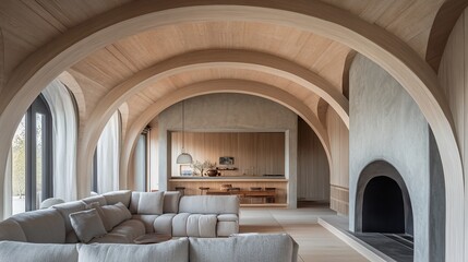 Aufkleber - Modern minimalist living room with arched ceilings, fireplace, and large windows.