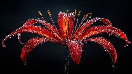 Aufkleber - Dew-covered red lily flower against a black background.
