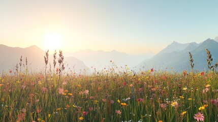 Wall Mural - Sunrise over a vibrant mountain meadow, wildflowers paint a colorful landscape against a majestic backdrop of peaks, bathed in the golden light of dawn.