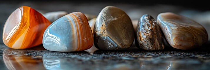 Poster - Close-up of polished agate stones with colorful bands, showcasing their texture and reflection on a dark surface.