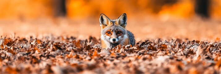 Poster - Red fox hidden in autumn leaves.