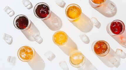 Poster - Overhead view of various iced drinks in glasses with ice cubes scattered on a white background.