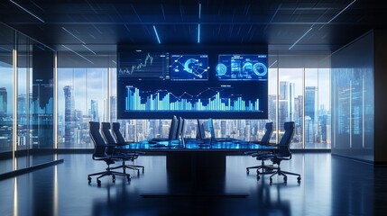 Aufkleber - Modern futuristic boardroom with large screen displaying financial data and city view.