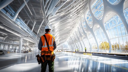Aufkleber - Construction worker in modern building, overseeing progress.