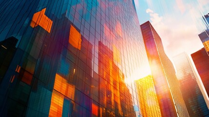 Poster - Low angle view of modern skyscrapers reflecting sunset.
