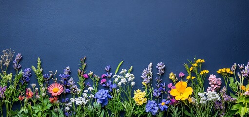 Aufkleber - Vibrant wildflowers arranged in a row against a dark blue background, creating a beautiful floral border.