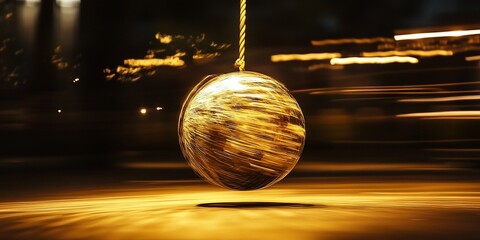 Aufkleber - Golden sphere pendulum swinging against blurred city lights at night.