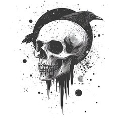 Wall Mural - Skull and raven illustration with celestial speckles in black and white.