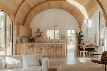 Aufkleber - Sunlit modern kitchen and living area with arched wood ceiling, wooden cabinetry, and light-colored furniture.