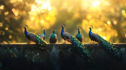 Aufkleber - Five peacocks perched on a wall at sunset, showcasing vibrant plumage and bokeh background.