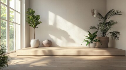 Poster - Sunlit room corner with plants on wooden platform.