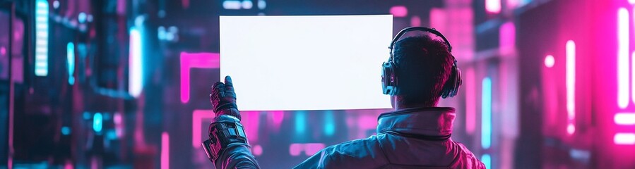 Leinwandbilder - Futuristic man with headphones interacts with a blank screen in a vibrant neon city.