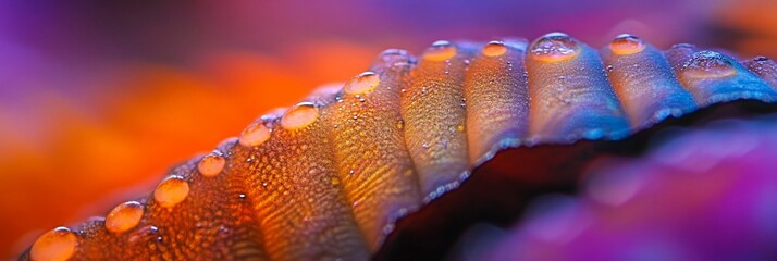 Aufkleber - Close-up of a vibrant, textured natural element with dew drops, exhibiting a curved, layered structure and colorful background.