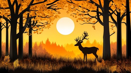Poster - Majestic stag silhouetted against a vibrant autumn forest sunset.