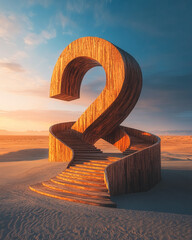 Wooden staircase sculpture shaped like a question mark in a desert landscape at sunset