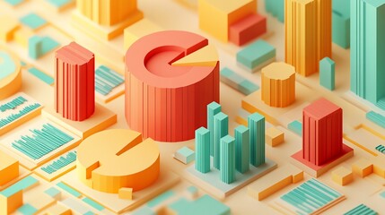 Fototapete - Abstract 3D pastel city landscape with geometric shapes, charts, and graphs.