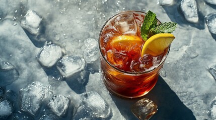 Poster - Iced tea with lemon and mint in a rocks glass on ice.