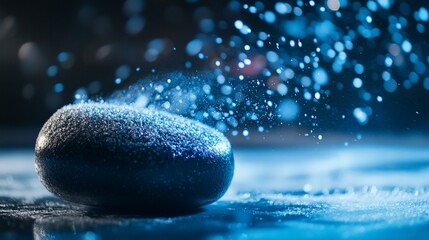 Aufkleber - Glowing smooth dark stone with blue sparkles and dust particles floating around it on a dark background.