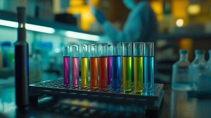 Aufkleber - Colorful liquids in test tubes on a lab table, scientist blurred in background.