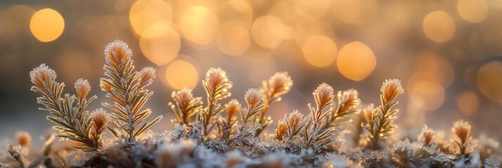 Aufkleber - Frost-covered plants bathed in warm, golden sunlight.
