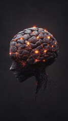 Sticker - stylized illustration of brain with glowing circuits and roots, symbolizing AI