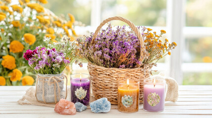 Wall Mural - Beautiful arrangement of flowers, candles, and crystals in bright setting. vibrant colors and natural elements create serene and calming atmosphere