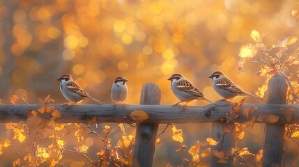 Poster - Four sparrows perched on a rustic wooden fence, bathed in warm autumn sunlight.