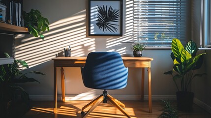 Aufkleber - Sunlit home office with wooden desk, blue chair, plants, and bookshelves.