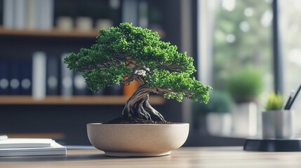 Poster - A meticulously crafted bonsai tree sits on a desk in a modern office, symbolizing tranquility and nature's resilience amidst a busy work environment.