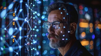 A man in glasses gazes at a blurred background of interconnected blue dots. AI generative. .