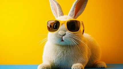 Poster - Stylish Bunny with Sunglasses on Yellow Background