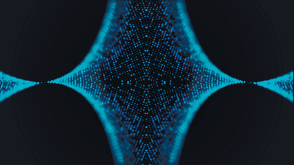 Wall Mural - Futuristic particle wave. Abstract technology background. Rotating swirling particle shapes. Dark background. Big data visualization. Vector illustration.