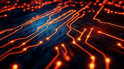 Poster - Abstract glowing circuit board with orange and blue lines.