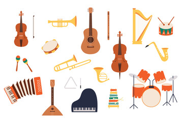 musical instruments set pack. music elements of violin, maracas,accordion,piano,drums,guitar, flute,