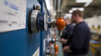 Aufkleber - Close-up of industrial pressure gauge and valve with blurred technicians in background.