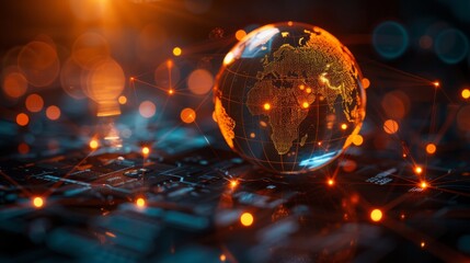 A glowing globe sits on a dark surface surrounded by orange and blue lights and connected by lines. AI generative. .