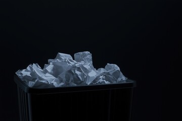 crumpled resume discarded in black trash bin captured in a zoomed-out view conveying rejected job ap