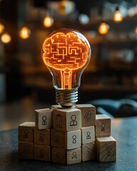 Aufkleber - AI innovation concept with a digital brain in a lightbulb, human icons on wooden blocks, showcasing the evolution of AI in managing personnel and organizational structures