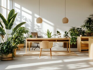 Poster - Sunlit modern office with wooden furniture and abundant indoor plants.