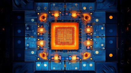 Poster - Close-up of a glowing orange computer chip, surrounded by intricate blue circuitry.
