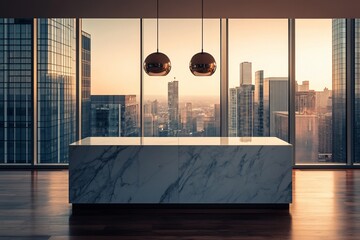 Aufkleber - Modern marble reception desk in a high-rise office with panoramic city skyline view at sunset.