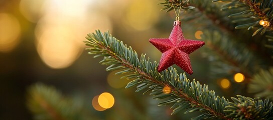 Poster - Red star ornament hanging on a Christmas tree branch with bokeh lights.