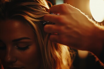 Hairdresser sectioning blonde hair with comb in cinematic close-up